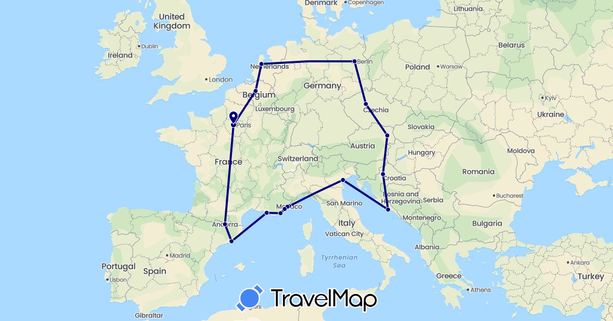 TravelMap itinerary: driving in Andorra, Austria, Belgium, Czech Republic, Germany, Spain, France, Croatia, Italy, Monaco, Netherlands (Europe)